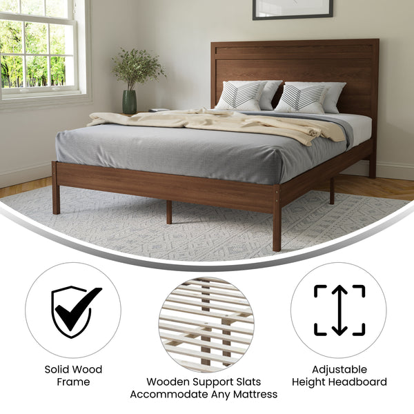 Brown,Queen |#| Solid Wood Platform Bed with Headboard and Wooden Slats in Brown - Queen