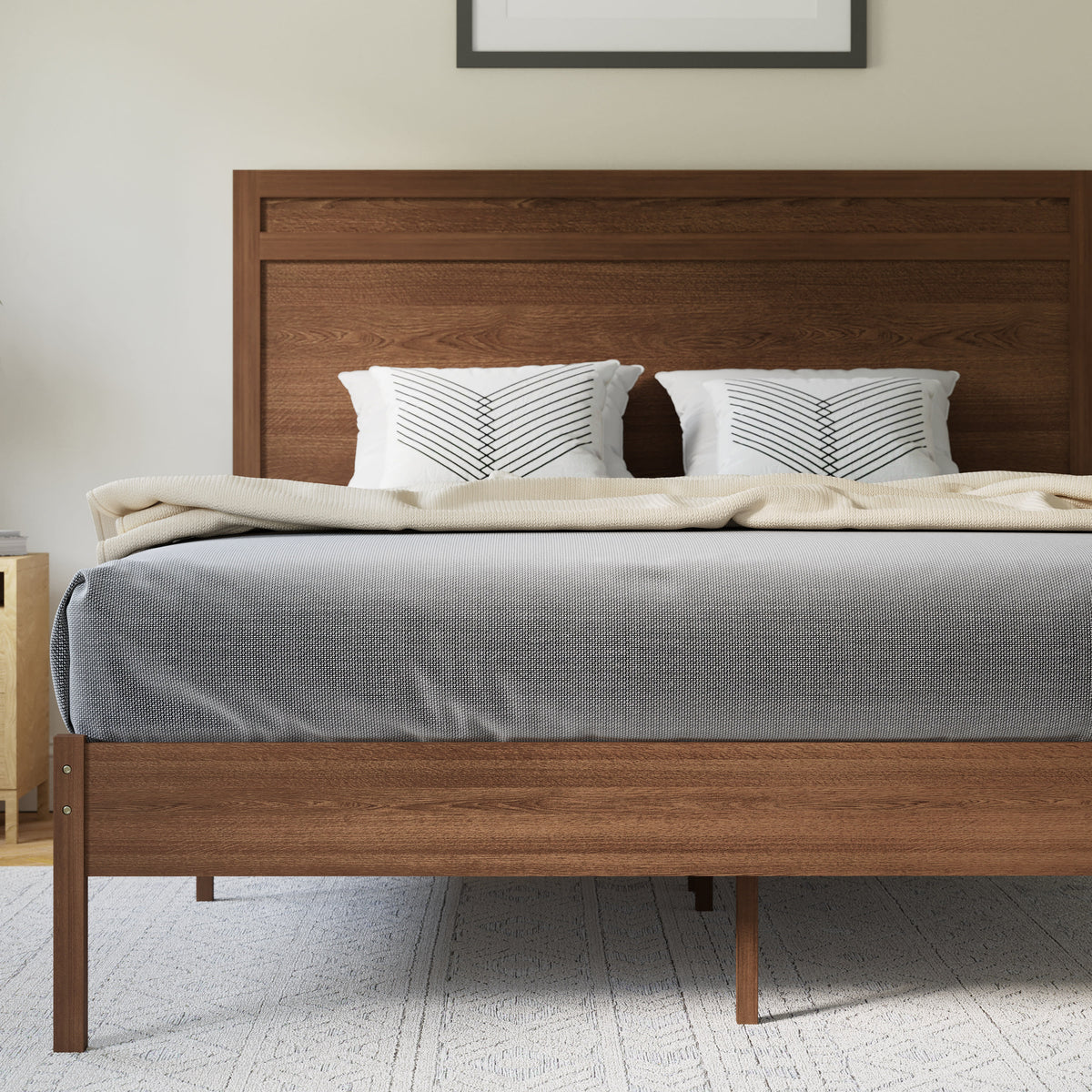 Brown,Queen |#| Solid Wood Platform Bed with Headboard and Wooden Slats in Brown - Queen