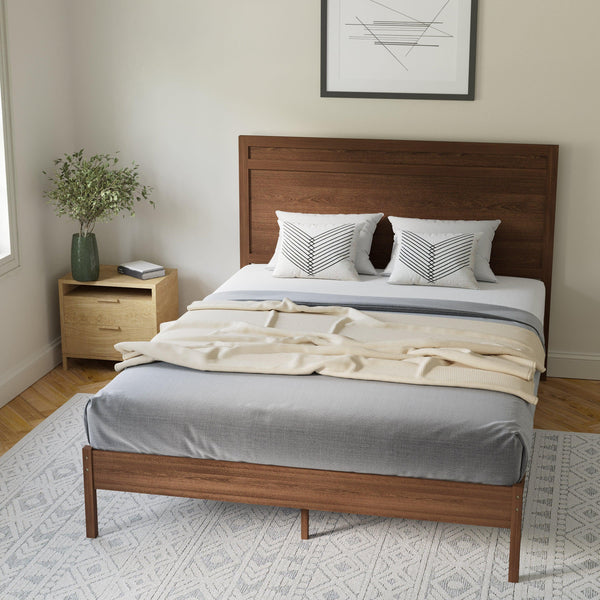 Brown,Queen |#| Solid Wood Platform Bed with Headboard and Wooden Slats in Brown - Queen