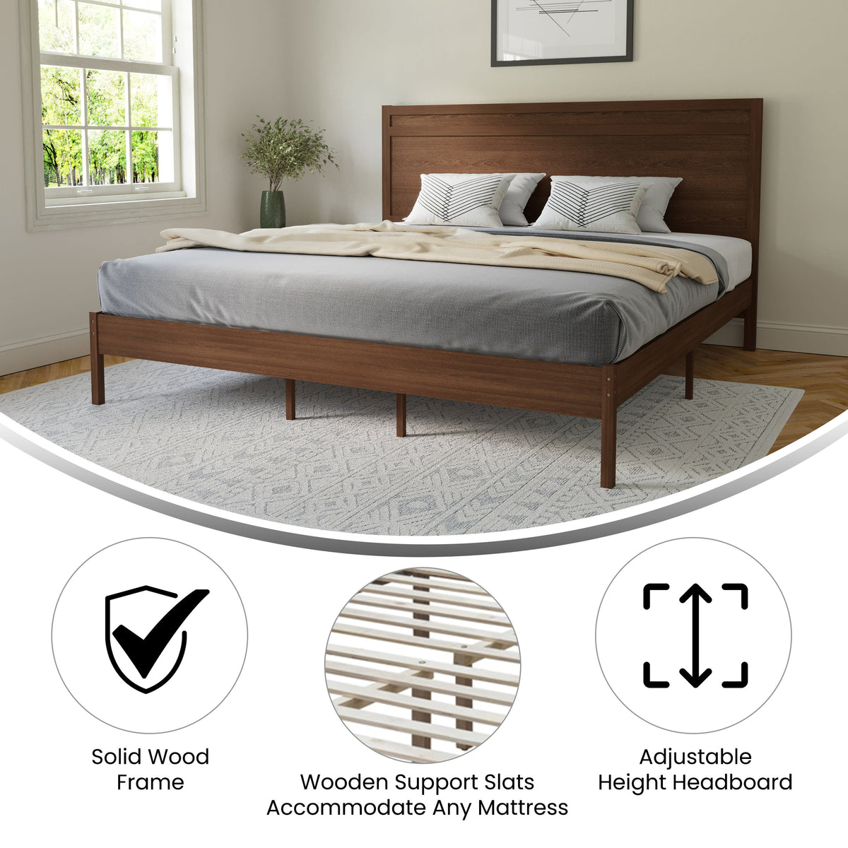 Brown,King |#| Solid Wood Platform Bed with Headboard and Wooden Slats in Brown - King