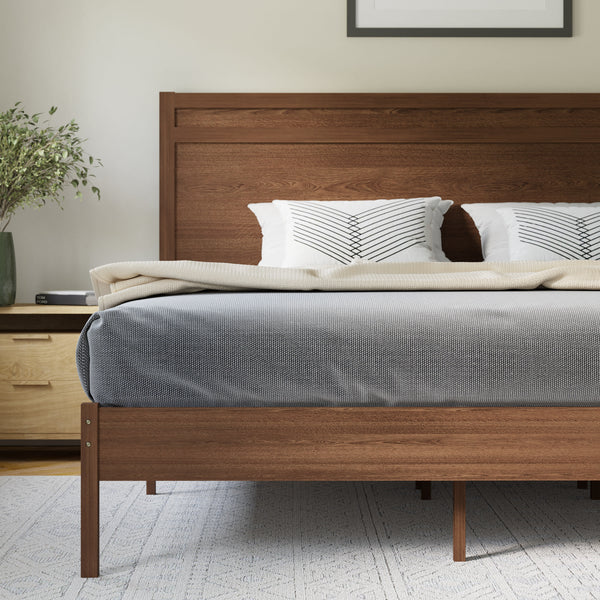 Brown,King |#| Solid Wood Platform Bed with Headboard and Wooden Slats in Brown - King