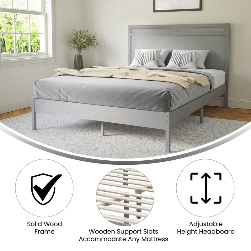 Gray,Queen |#| Solid Wood Platform Bed with Headboard and Wooden Slats in Gray - Queen