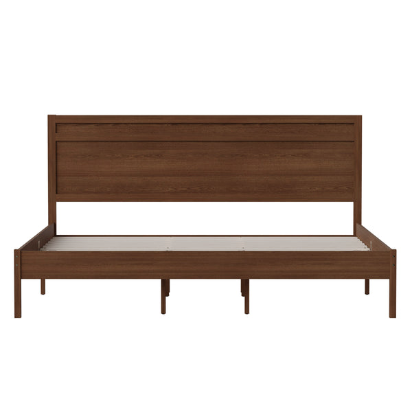 Brown,King |#| Solid Wood Platform Bed with Headboard and Wooden Slats in Brown - King