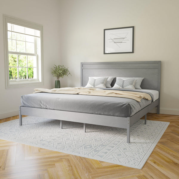 Gray,King |#| Solid Wood Platform Bed with Headboard and Wooden Slats in Gray - King