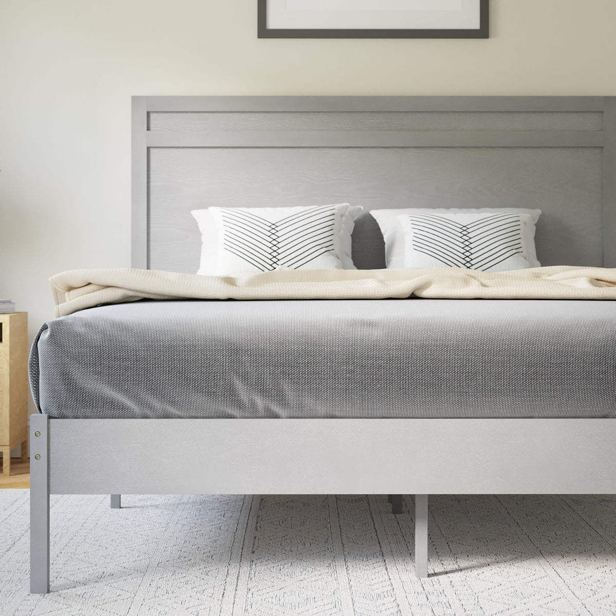 Gray,Queen |#| Solid Wood Platform Bed with Headboard and Wooden Slats in Gray - Queen