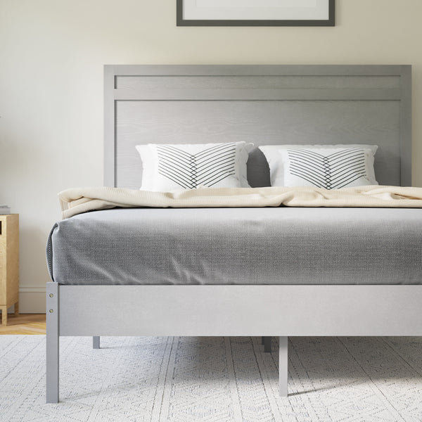 Gray,Full |#| Solid Wood Platform Bed with Headboard and Wooden Slats in Gray - Full