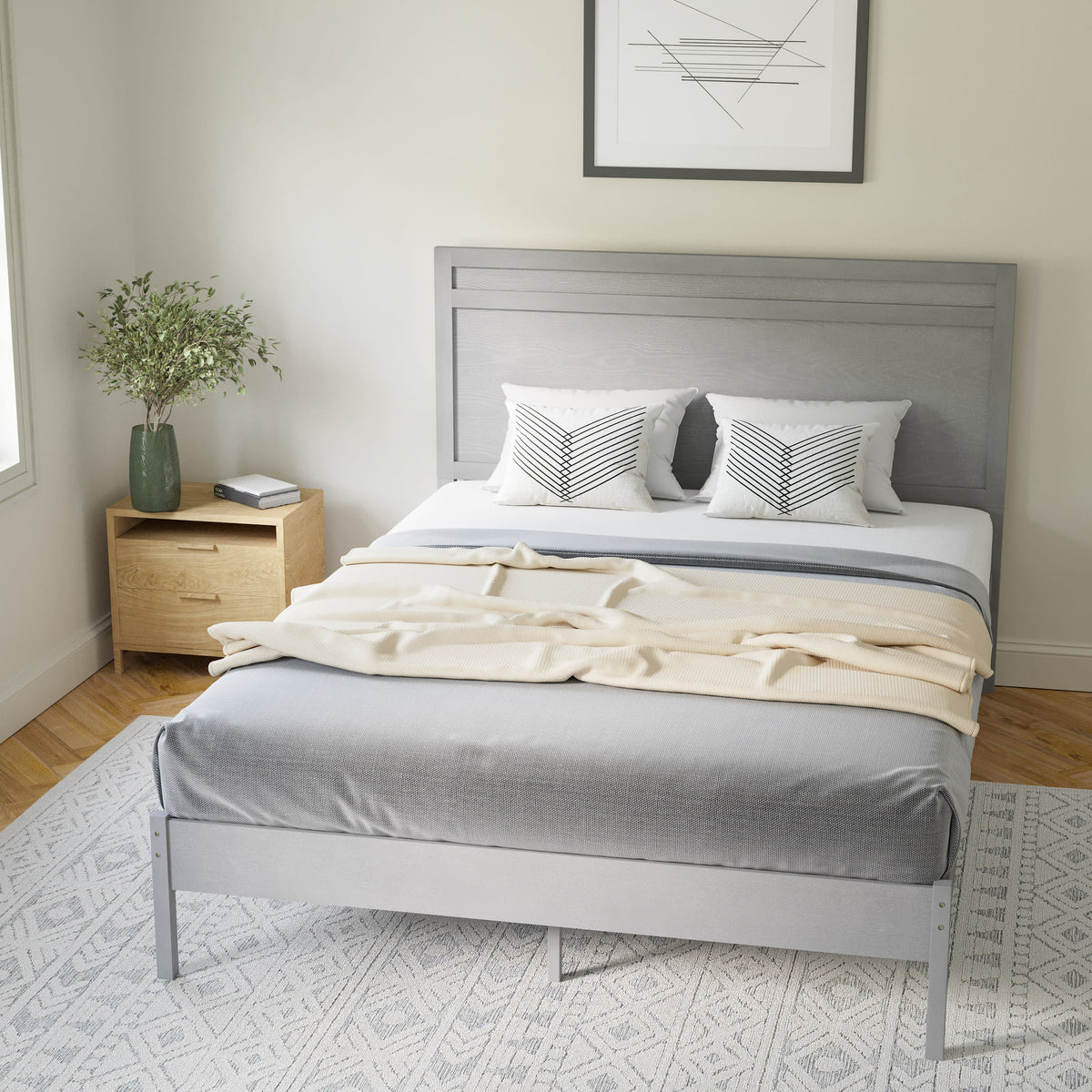 Gray,Queen |#| Solid Wood Platform Bed with Headboard and Wooden Slats in Gray - Queen