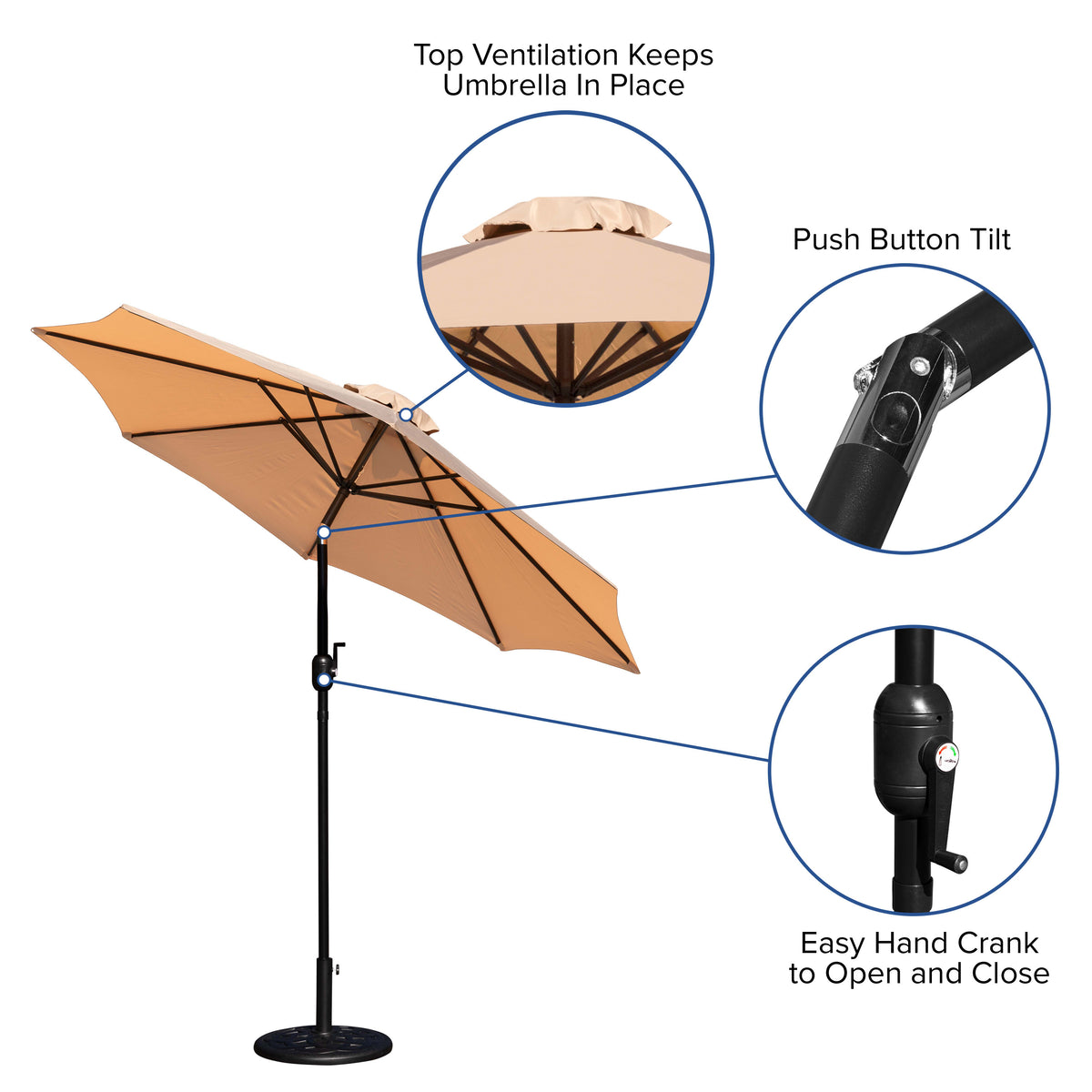 Tan |#| Bundled Set - Tan 9 FT Round Umbrella & Universal Black Cement Waterproof Base