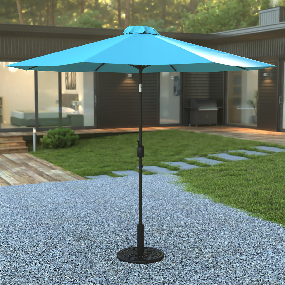 Teal |#| Bundled Set - Teal 9 FT Round Umbrella & Universal Black Cement Waterproof Base