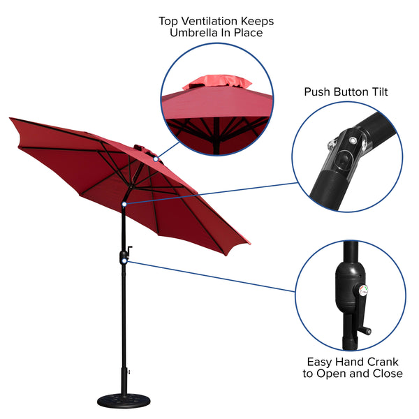 Red |#| Bundled Set - Red 9 FT Round Umbrella & Universal Black Cement Waterproof Base