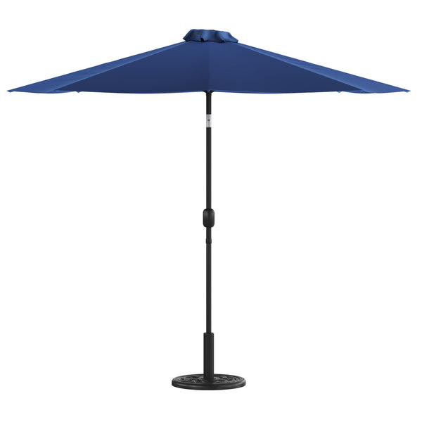 Navy |#| Bundled Set - Navy 9 FT Round Umbrella & Universal Black Cement Waterproof Base