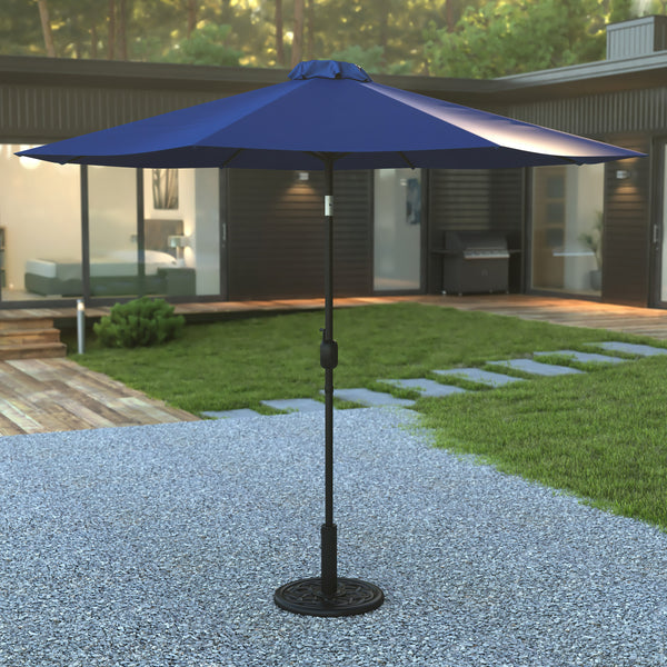 Navy |#| Bundled Set - Navy 9 FT Round Umbrella & Universal Black Cement Waterproof Base