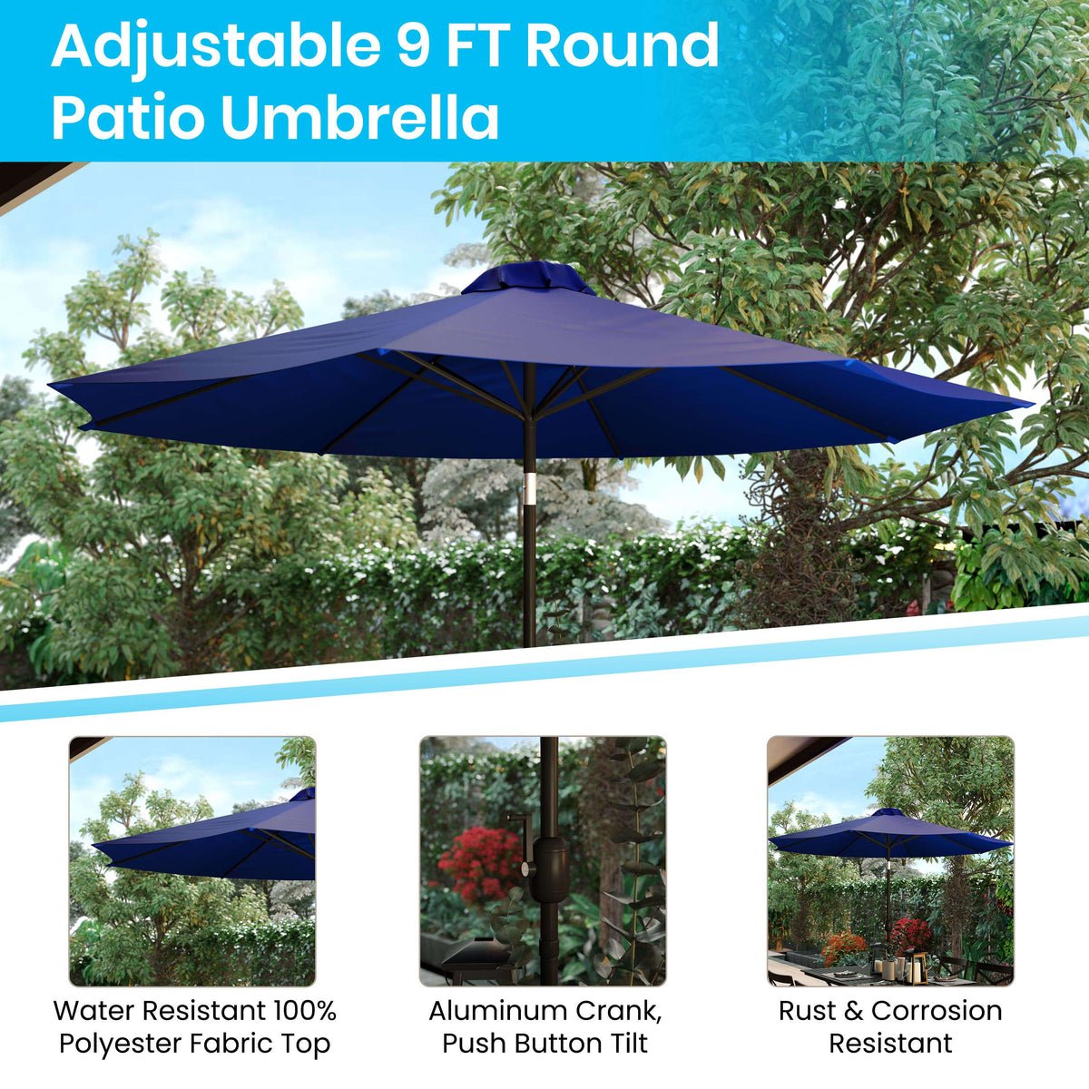 Navy |#| Navy 9 FT Round Umbrella - 1.5inch Diameter Aluminum Pole - Crank and Tilt Function