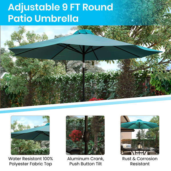 Teal |#| Teal 9 FT Round Umbrella - 1.5inch Diameter Aluminum Pole - Crank and Tilt Function