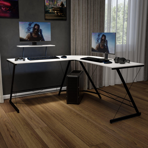 White Top/Black Frame |#| L-Shaped Computer White Desk, Gaming Desk, Home Office Desk, Black Frame