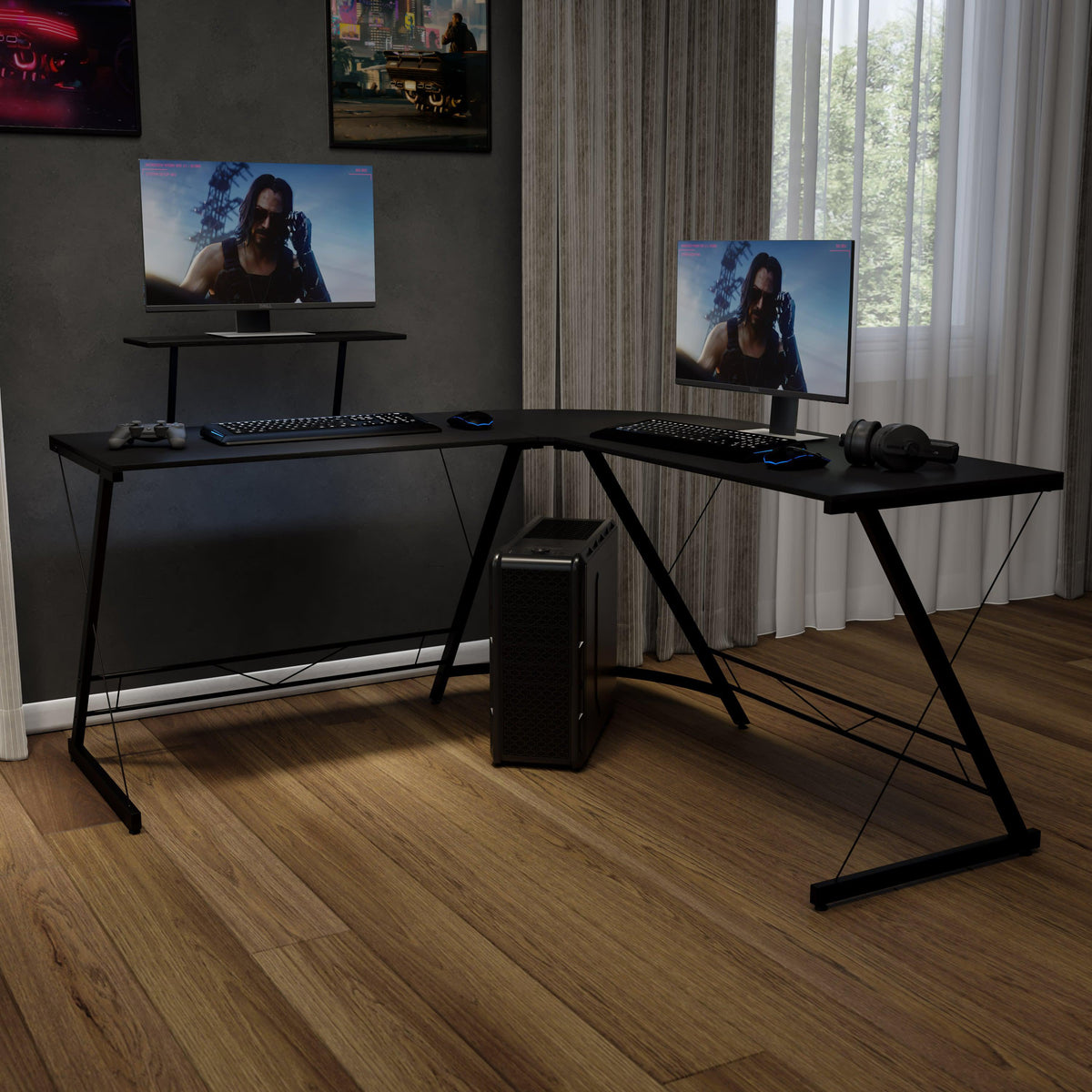 Black Top/Black Frame |#| L-Shaped Computer Black Desk, Gaming Desk, Home Office Desk, Black Frame