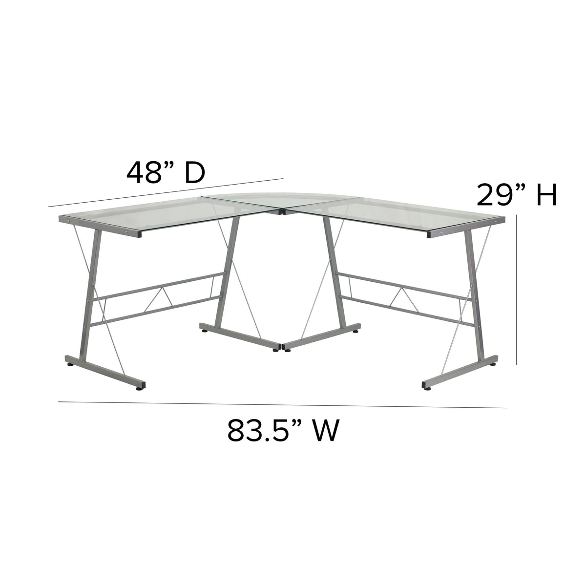 Clear Top/Silver Frame |#| L-Shaped Computer Corner Glass Desk, Gaming Desk, Home Office Corner Desk, Clear