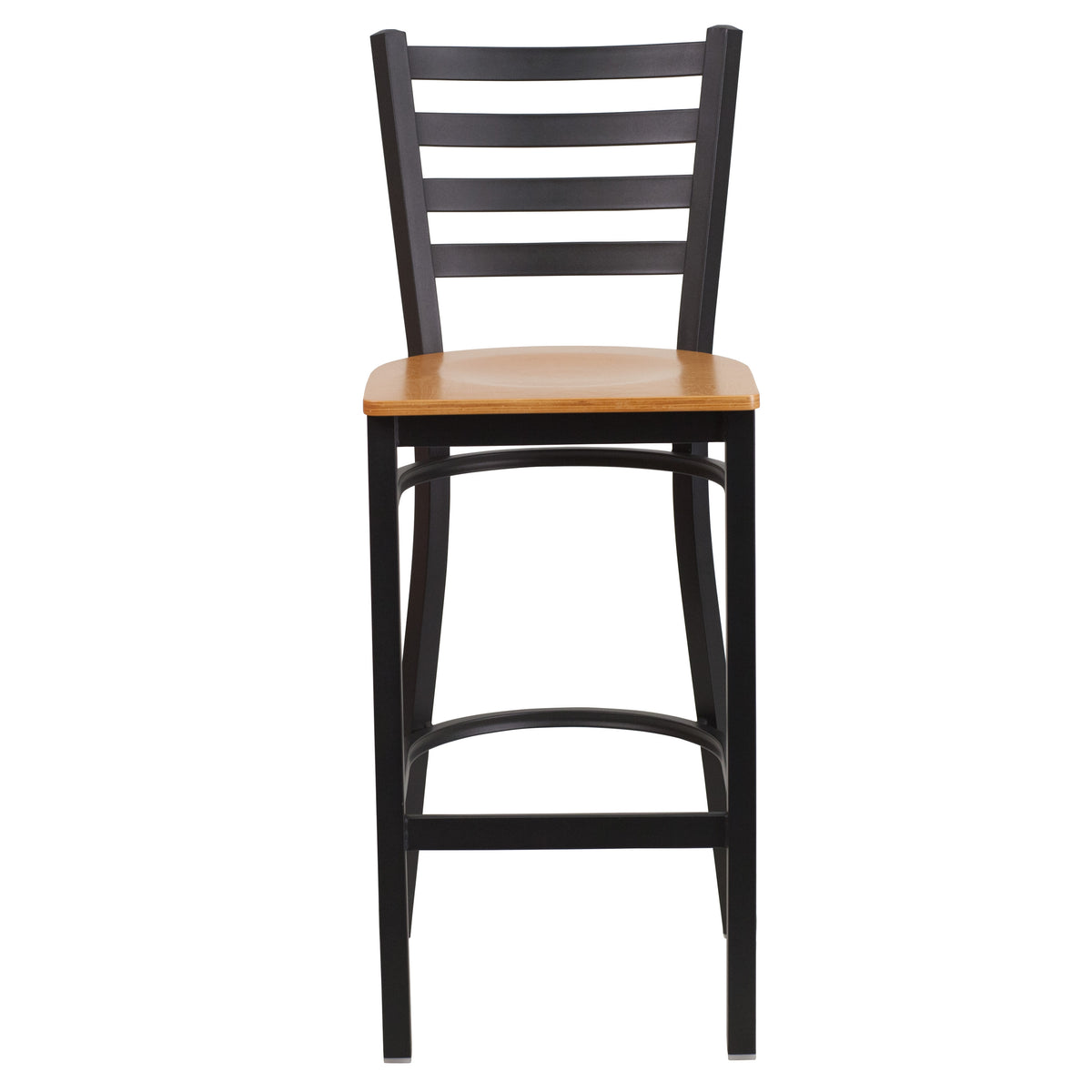 Natural Wood Seat/Black Metal Frame |#| Black Ladder Back Metal Restaurant Barstool - Natural Wood Seat
