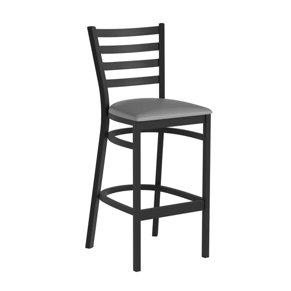 Natural Wood Seat/Black Metal Frame |#| Black Ladder Back Metal Restaurant Barstool - Natural Wood Seat