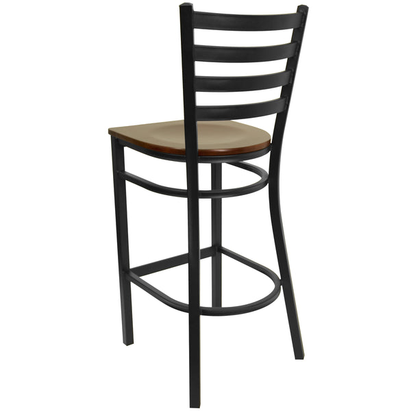 Mahogany Wood Seat/Black Metal Frame |#| Black Ladder Back Metal Restaurant Barstool - Mahogany Wood Seat