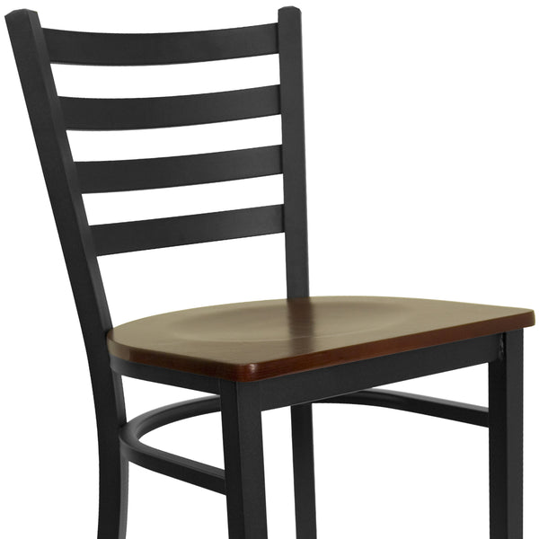 Cherry Wood Seat/Black Metal Frame |#| Black Ladder Back Metal Restaurant Barstool - Cherry Wood Seat