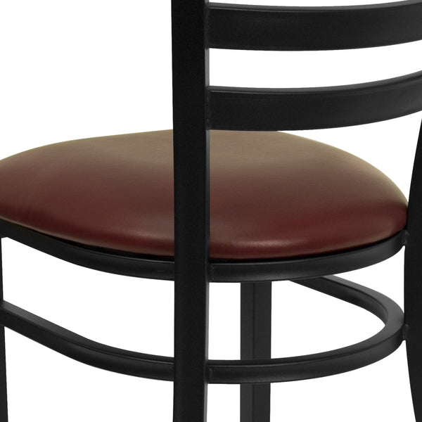 Burgundy Vinyl Seat/Black Metal Frame |#| Black Ladder Back Metal Restaurant Chair - Burgundy Vinyl Seat