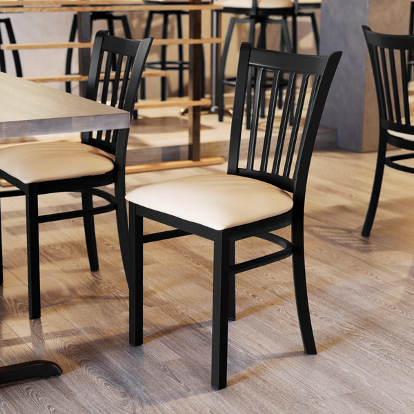 Tan Vinyl Seat/Black Metal Frame |#| Commercial Black Vertical Back Restaurant Chair with Tan Vinyl Seat