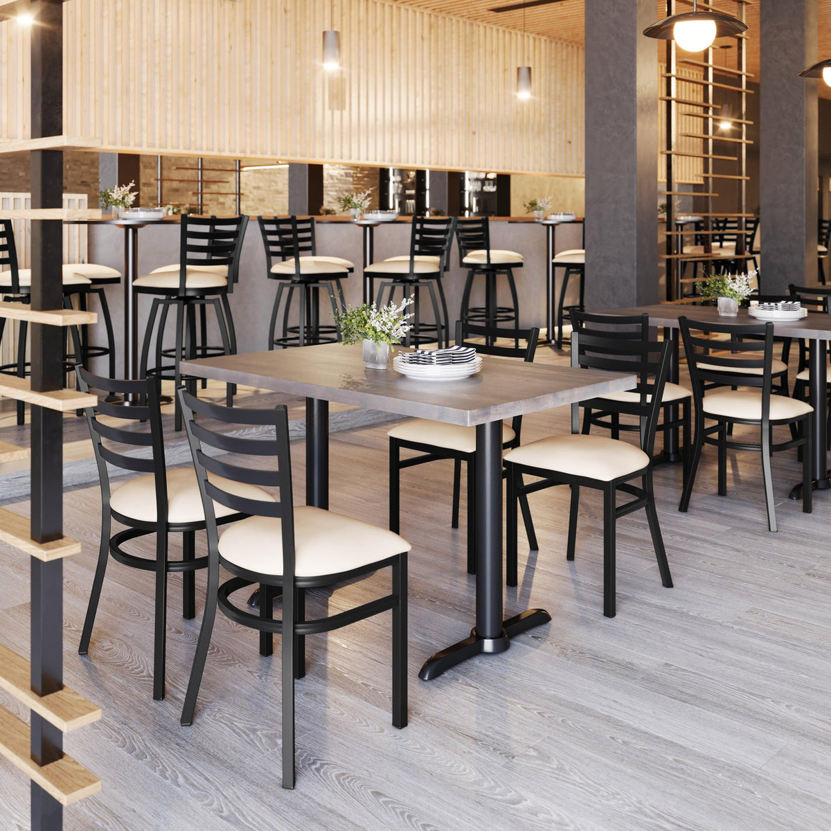 Tan Vinyl Seat/Black Metal Frame |#| Commercial Black Ladder Back Restaurant Chair with Tan Vinyl Seat