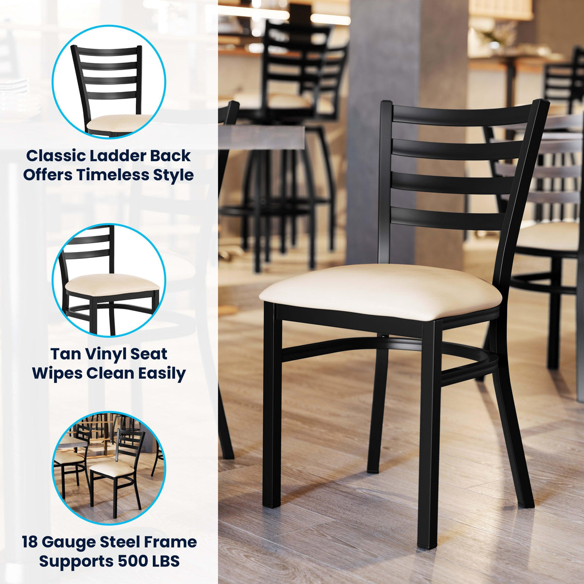 Tan Vinyl Seat/Black Metal Frame |#| Commercial Black Ladder Back Restaurant Chair with Tan Vinyl Seat