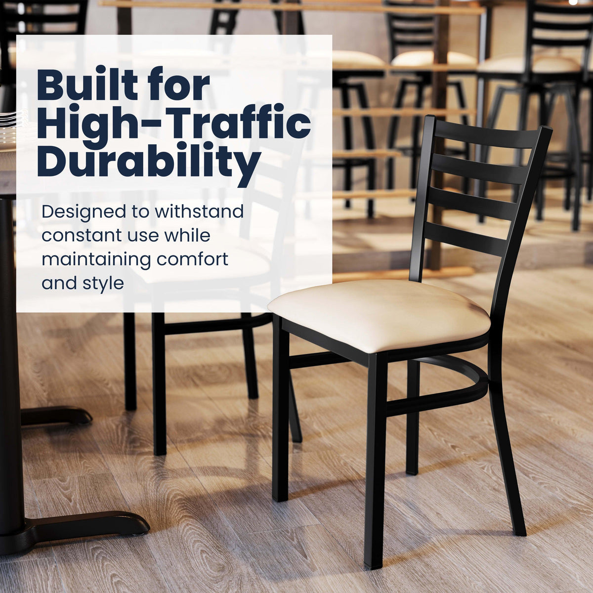 Tan Vinyl Seat/Black Metal Frame |#| Commercial Black Ladder Back Restaurant Chair with Tan Vinyl Seat
