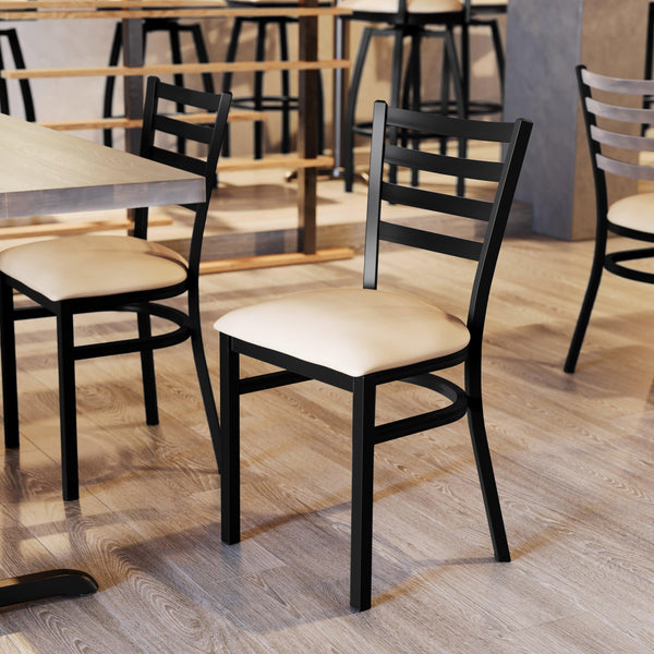 Tan Vinyl Seat/Black Metal Frame |#| Commercial Black Ladder Back Restaurant Chair with Tan Vinyl Seat