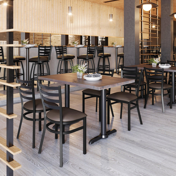 Mocha Vinyl Seat/Black Metal Frame |#| Commercial Black Ladder Back Restaurant Chair with Mocha Vinyl Seat