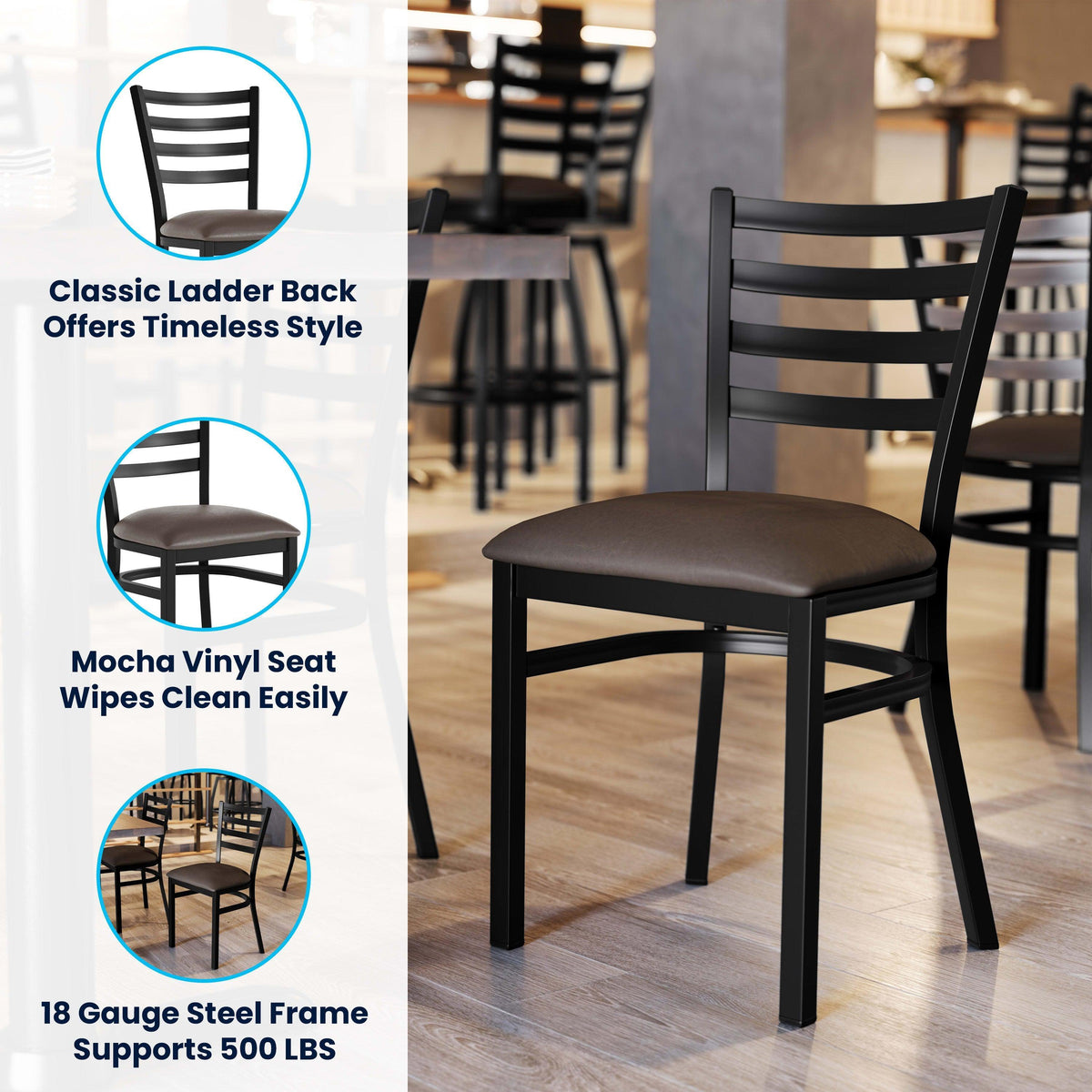 Mocha Vinyl Seat/Black Metal Frame |#| Commercial Black Ladder Back Restaurant Chair with Mocha Vinyl Seat