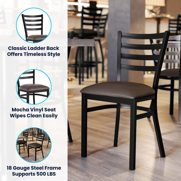 Mocha Vinyl Seat/Black Metal Frame |#| Commercial Black Ladder Back Restaurant Chair with Mocha Vinyl Seat