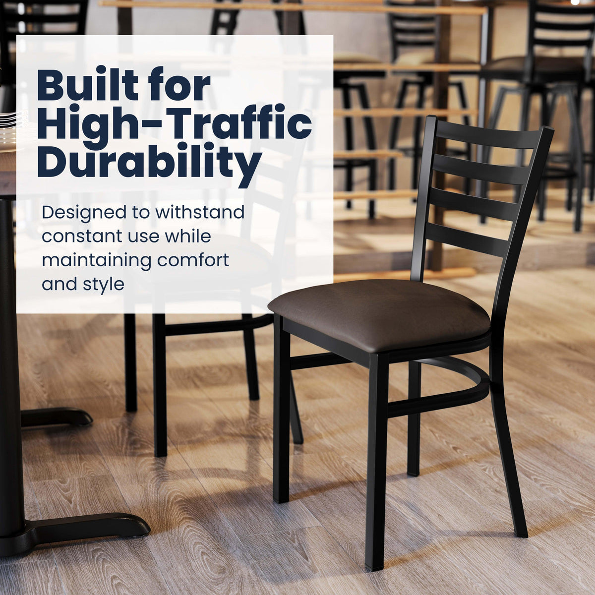 Mocha Vinyl Seat/Black Metal Frame |#| Commercial Black Ladder Back Restaurant Chair with Mocha Vinyl Seat