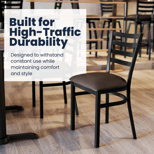 Mocha Vinyl Seat/Black Metal Frame |#| Commercial Black Ladder Back Restaurant Chair with Mocha Vinyl Seat
