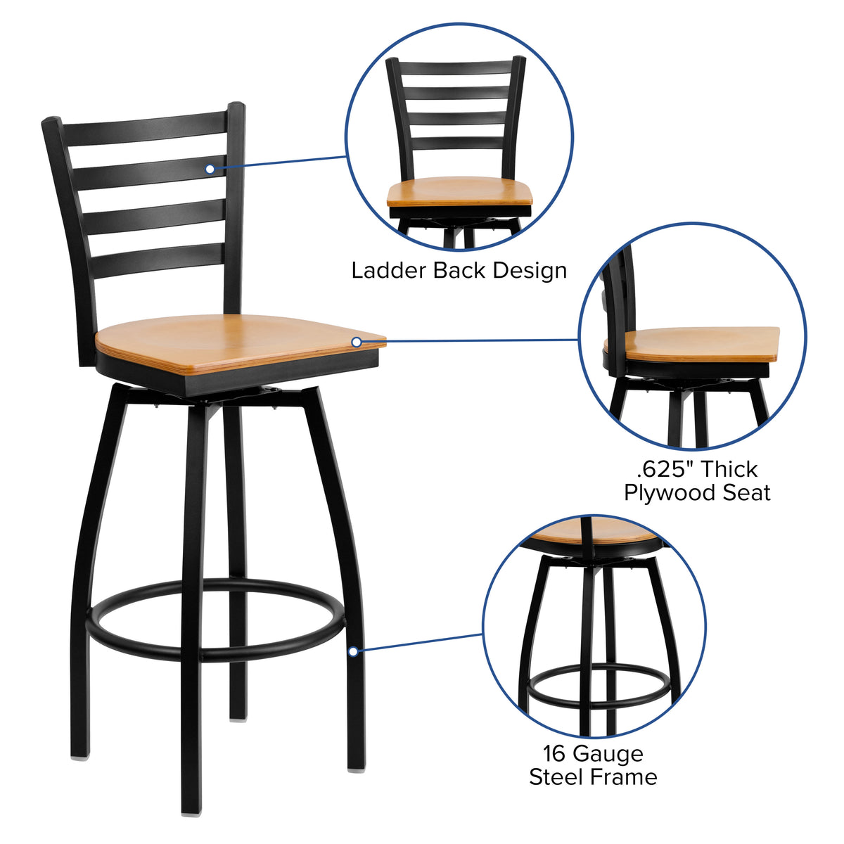 Natural Wood Seat/Black Metal Frame |#| Black Ladder Back Swivel Metal Barstool - Natural Wood Seat