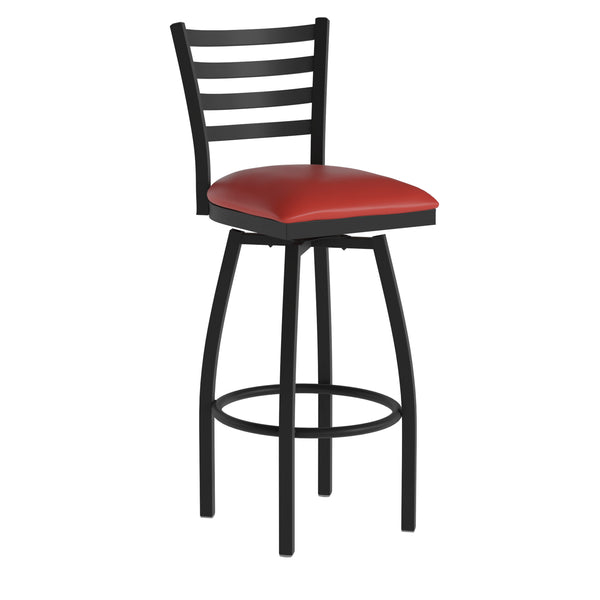 Black Wood Seat/Black Metal Frame |#| Black Ladder Back Swivel Metal Barstool - Black Wood Seat