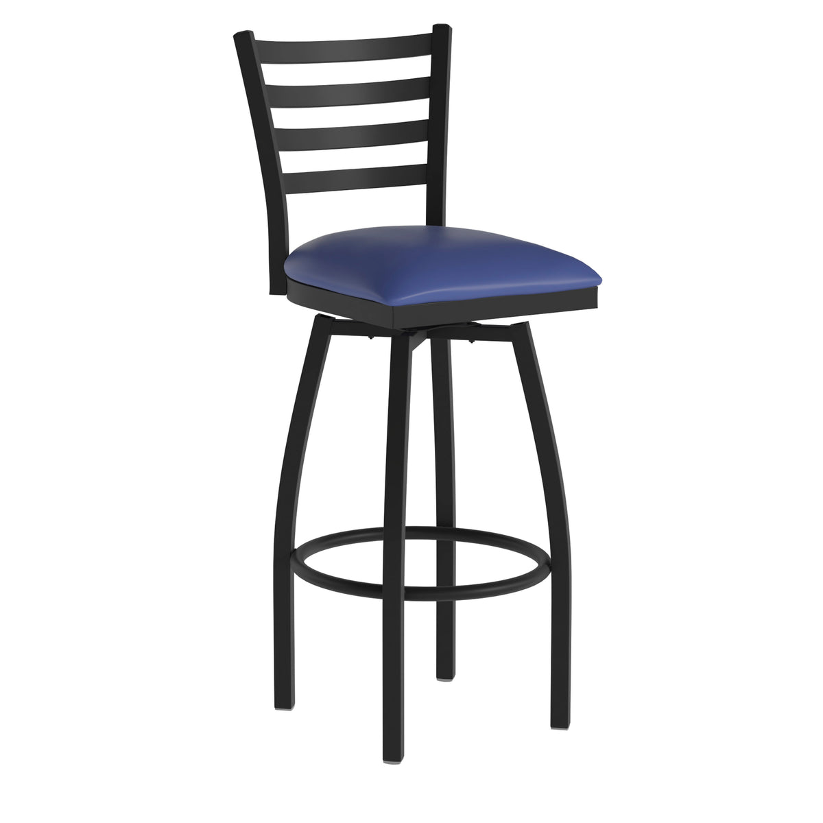 Blue Vinyl Seat/Black Metal Frame |#| Black Ladder Back Swivel Metal Barstool - Blue Vinyl Seat