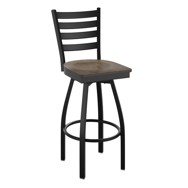 Antique White Wood Seat/Black Metal Frame |#| Black Ladder Back Swivel Metal Barstool - Antique White Wood Seat