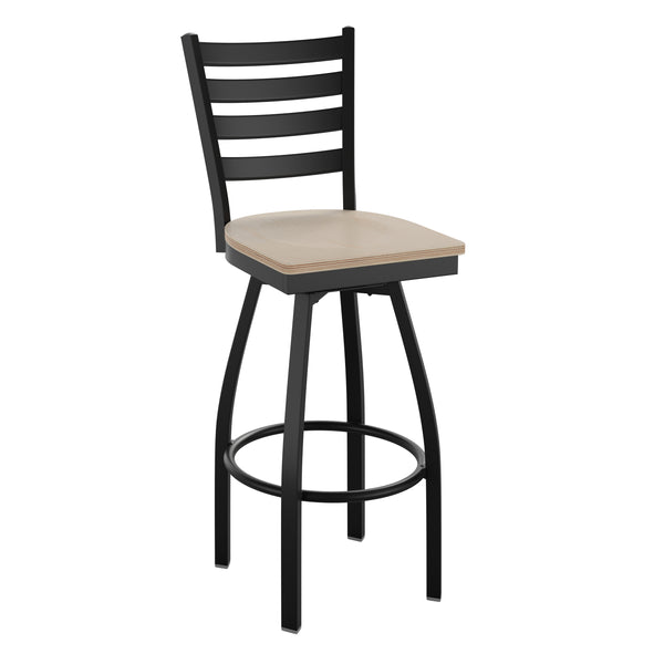 Black Wood Seat/Black Metal Frame |#| Black Ladder Back Swivel Metal Barstool - Black Wood Seat