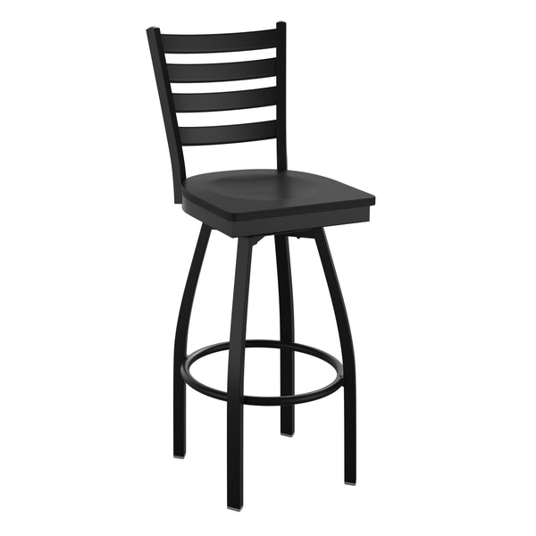 Tan Vinyl Seat/Black Metal Frame |#| Commercial Black Ladder Back Swivel Metal Barstool with Tan Vinyl Seat
