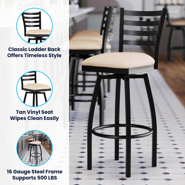 Tan Vinyl Seat/Black Metal Frame |#| Commercial Black Ladder Back Swivel Metal Barstool with Tan Vinyl Seat