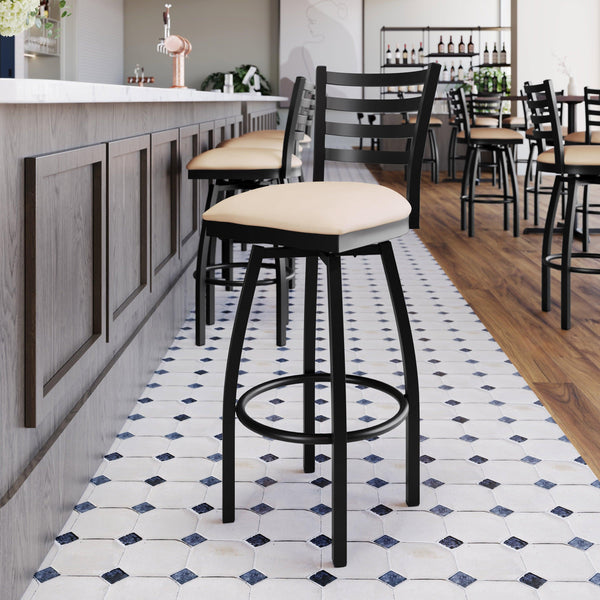 Tan Vinyl Seat/Black Metal Frame |#| Commercial Black Ladder Back Swivel Metal Barstool with Tan Vinyl Seat