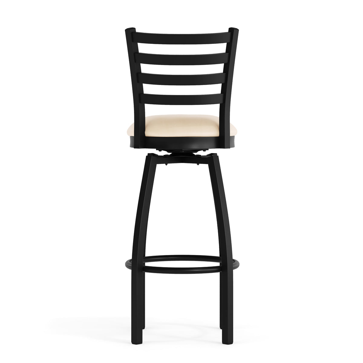 Tan Vinyl Seat/Black Metal Frame |#| Commercial Black Ladder Back Swivel Metal Barstool with Tan Vinyl Seat