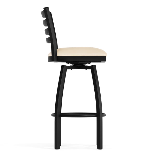 Tan Vinyl Seat/Black Metal Frame |#| Commercial Black Ladder Back Swivel Metal Barstool with Tan Vinyl Seat