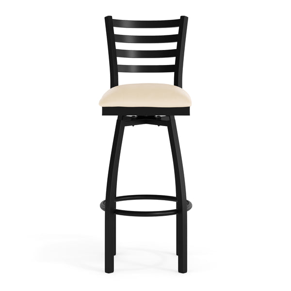 Tan Vinyl Seat/Black Metal Frame |#| Commercial Black Ladder Back Swivel Metal Barstool with Tan Vinyl Seat