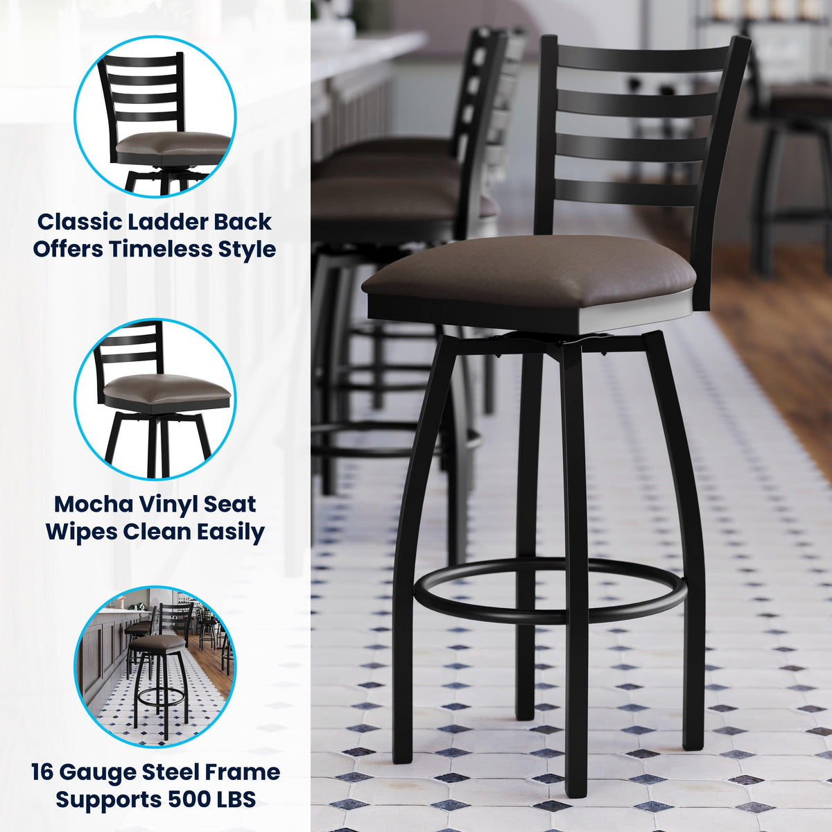 Mocha Vinyl Seat/Black Metal Frame |#| Commercial Black Ladder Back Swivel Metal Barstool with Mocha Vinyl Seat
