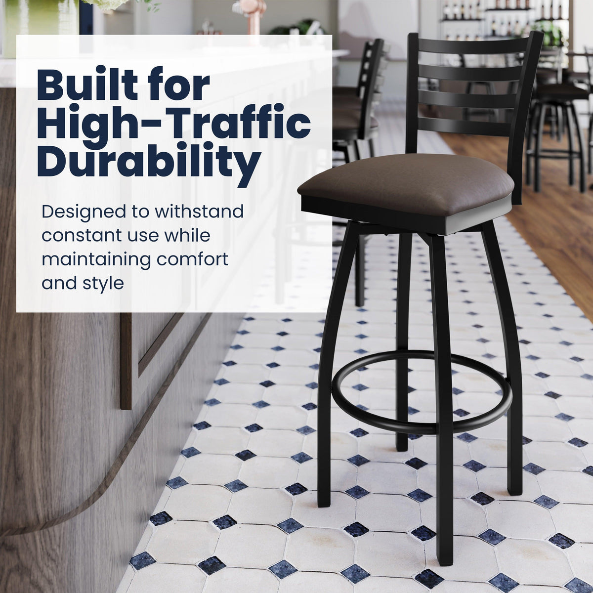 Mocha Vinyl Seat/Black Metal Frame |#| Commercial Black Ladder Back Swivel Metal Barstool with Mocha Vinyl Seat