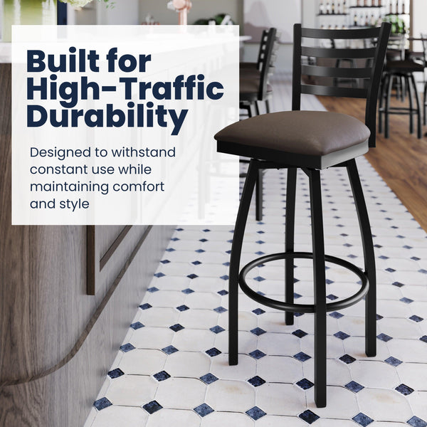 Mocha Vinyl Seat/Black Metal Frame |#| Commercial Black Ladder Back Swivel Metal Barstool with Mocha Vinyl Seat